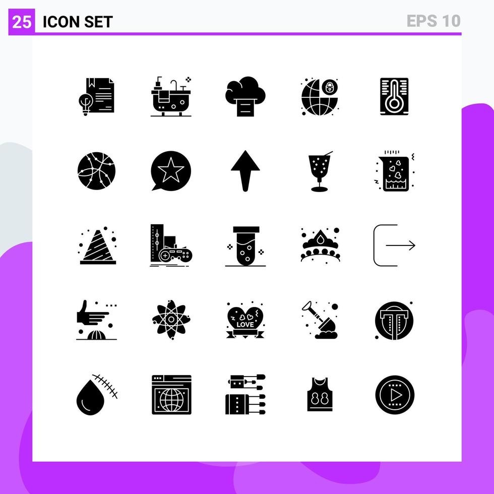 Pack of 25 creative Solid Glyphs of global temperature cloud security lock Editable Vector Design Elements