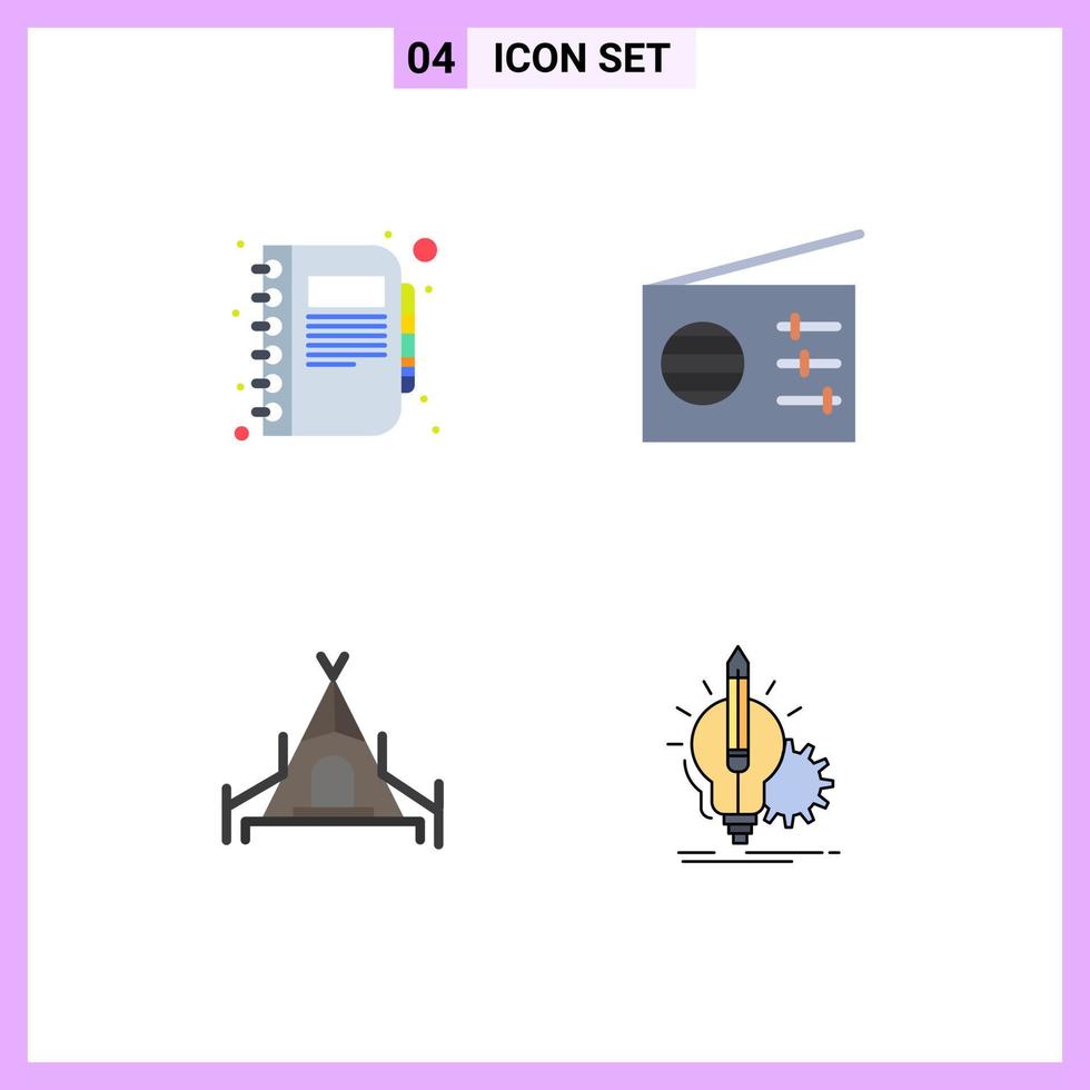 4 Thematic Vector Flat Icons and Editable Symbols of book nature diary radio idea Editable Vector Design Elements