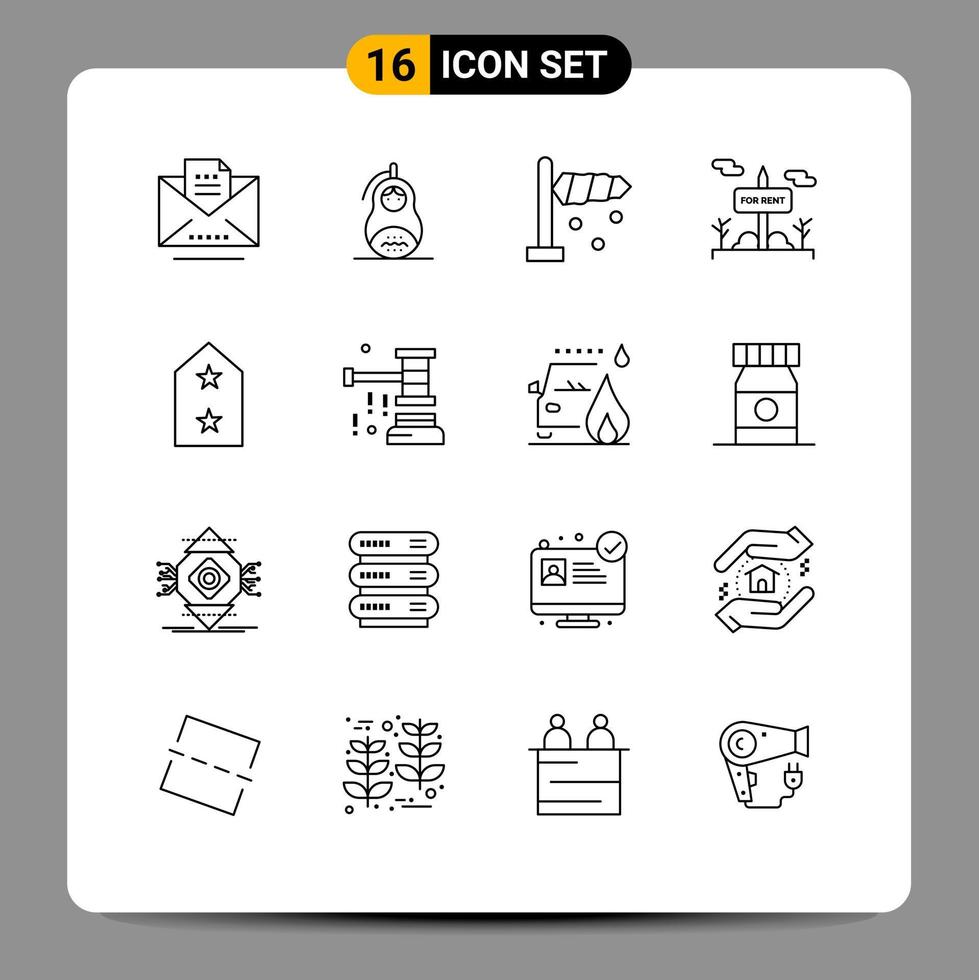 Pack of 16 Modern Outlines Signs and Symbols for Web Print Media such as badge for rent russia real estate board Editable Vector Design Elements
