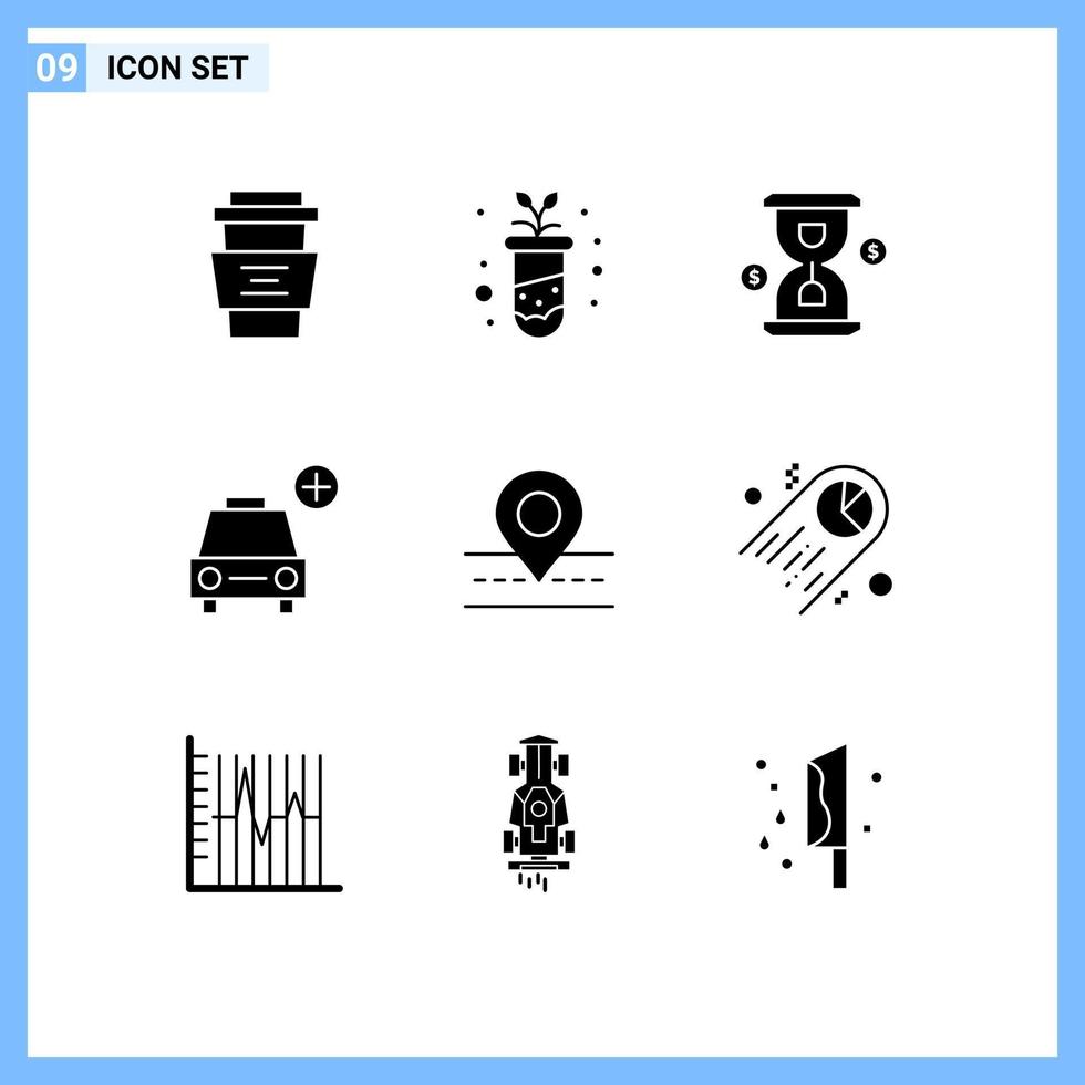 Set of 9 Vector Solid Glyphs on Grid for road add plant plus investment Editable Vector Design Elements