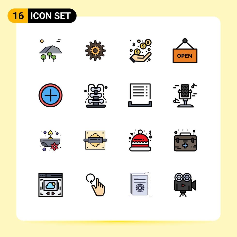 Modern Set of 16 Flat Color Filled Lines and symbols such as sign open system earnings profit Editable Creative Vector Design Elements