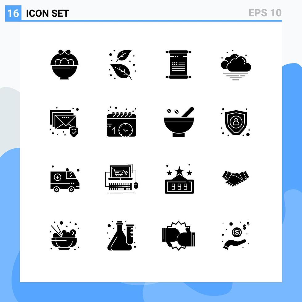Mobile Interface Solid Glyph Set of 16 Pictograms of security email scroll weather cloud Editable Vector Design Elements