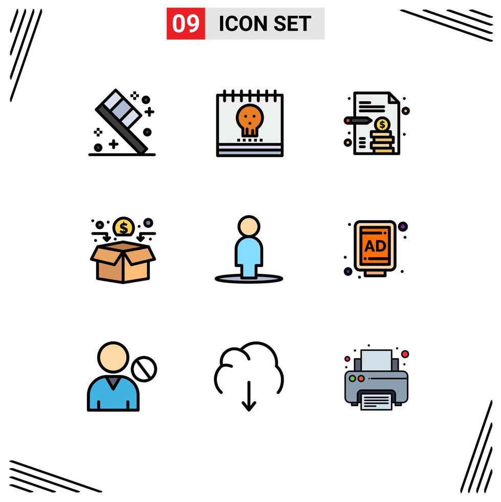 Pack of 9 Modern Filledline Flat Colors Signs and Symbols for Web Print Media such as user avatar business crowd funding fundraising Editable Vector Design Elements