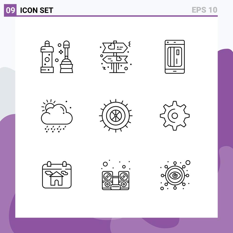 conjunto de 9 contornos vectoriales en cuadrícula para elementos de diseño de vectores editables de nubes meteorológicas con tarjeta tachonada de ruedas