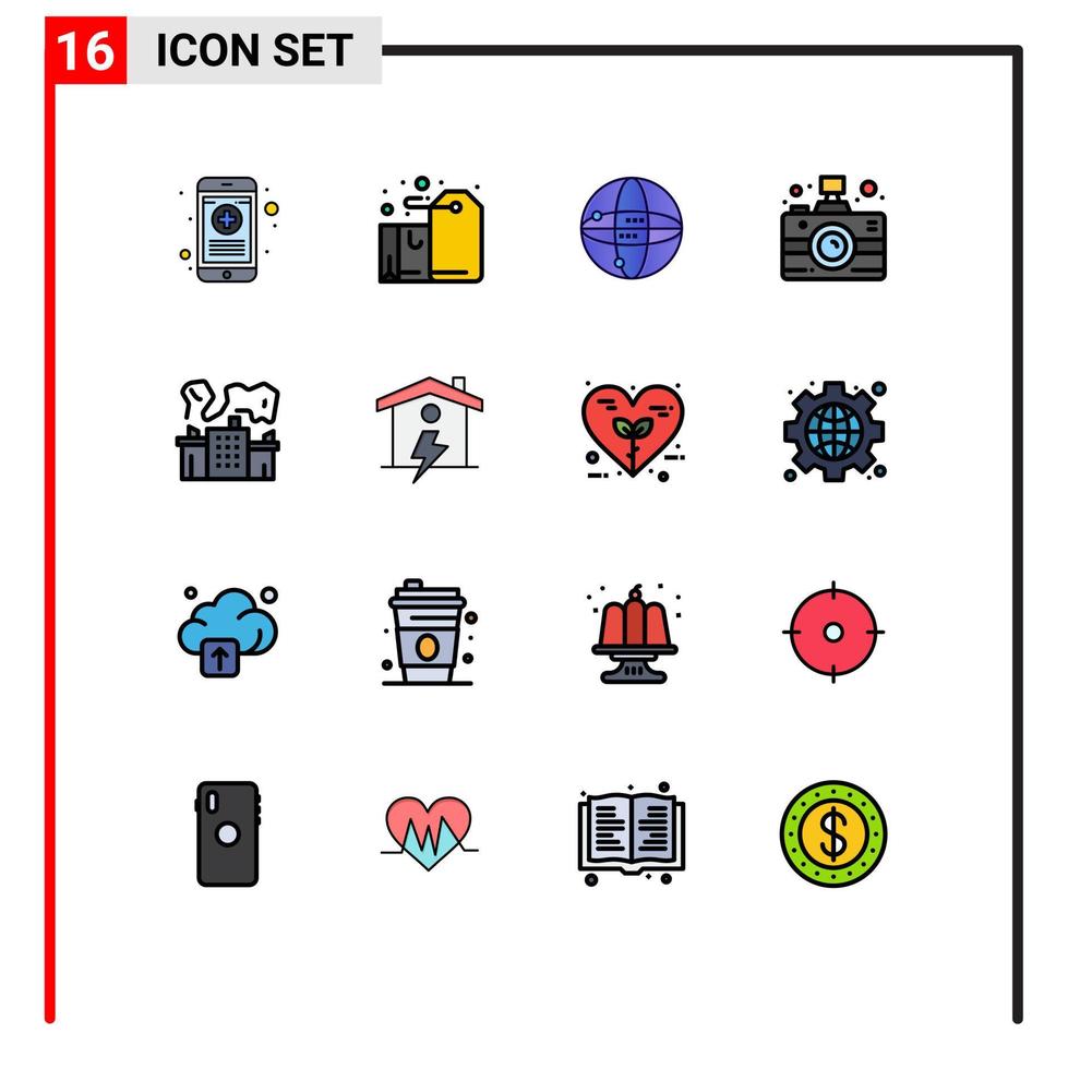 grupo de símbolos de iconos universales de 16 líneas llenas de colores planos modernos de medios de fábrica presentes globo de comunicación elementos de diseño de vectores creativos editables