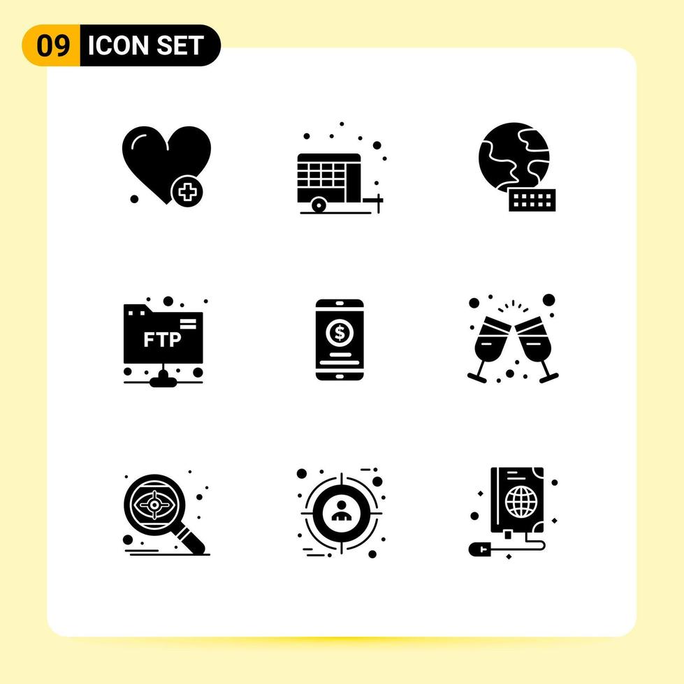 Group of 9 Solid Glyphs Signs and Symbols for wine mobile payment globe mobile money ftp Editable Vector Design Elements