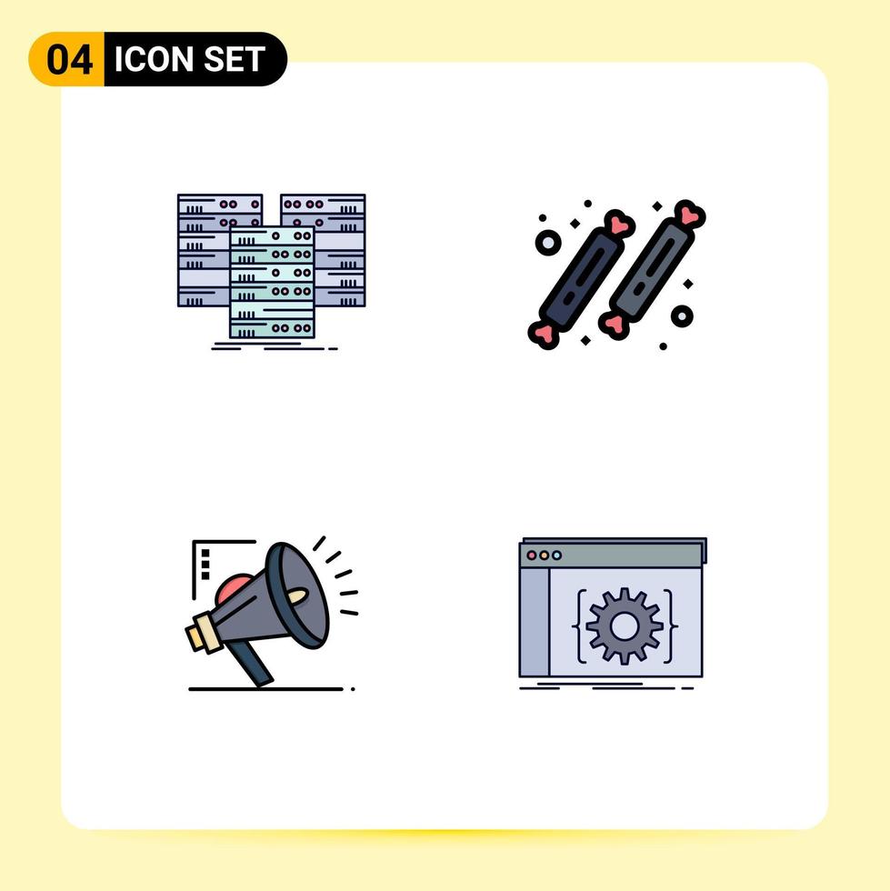 paquete de color plano de línea de llenado de 4 símbolos universales de la base de datos dulce del centro elementos de diseño vectorial editables para la atomización de alimentos vector