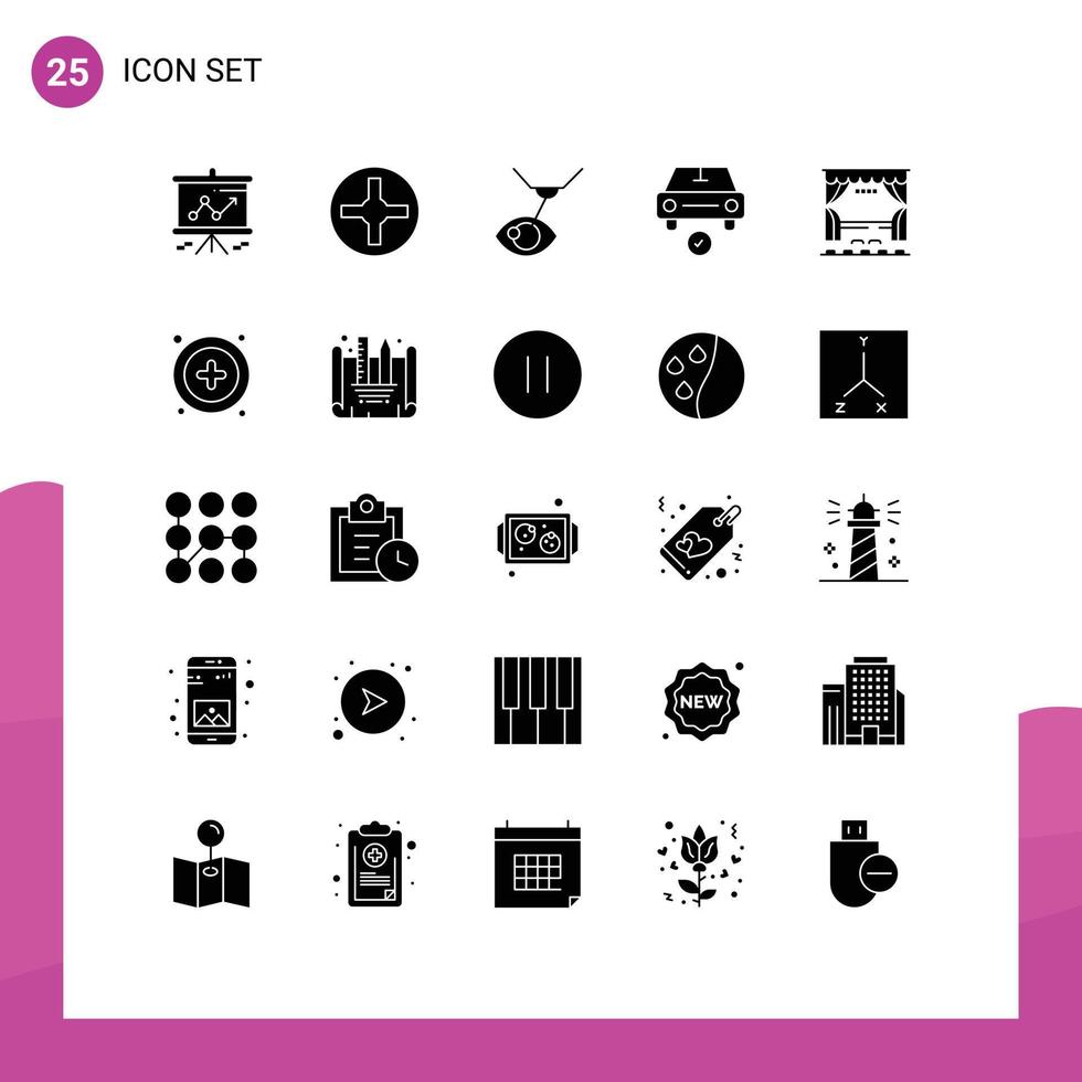 Set of 25 Commercial Solid Glyphs pack for cinema ok eye treatment done checked Editable Vector Design Elements
