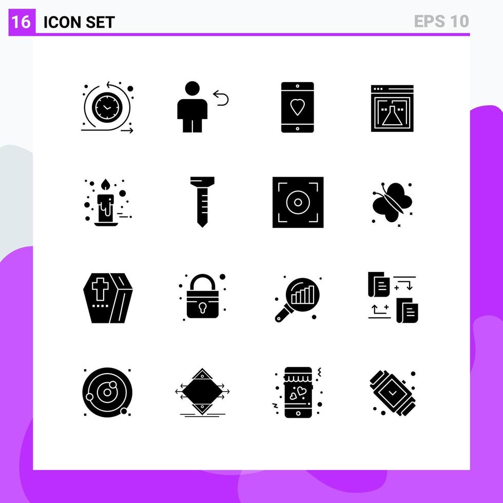 Editable Vector Line Pack of 16 Simple Solid Glyphs of web lab return flask love Editable Vector Design Elements