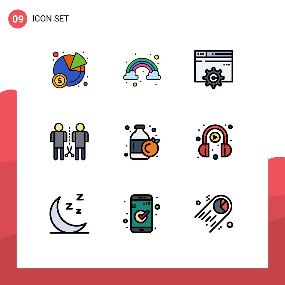 Mobile Interface Filledline Flat Color Set of 9 Pictograms of bottle bottle gear shared mind Editable Vector Design Elements