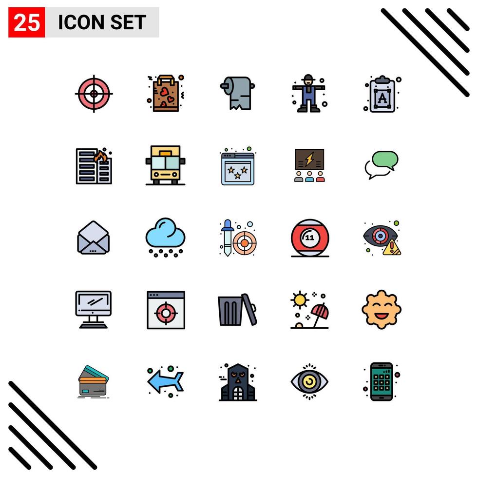 Mobile Interface Filled line Flat Color Set of 25 Pictograms of font creative cleaning scarecrow farming Editable Vector Design Elements