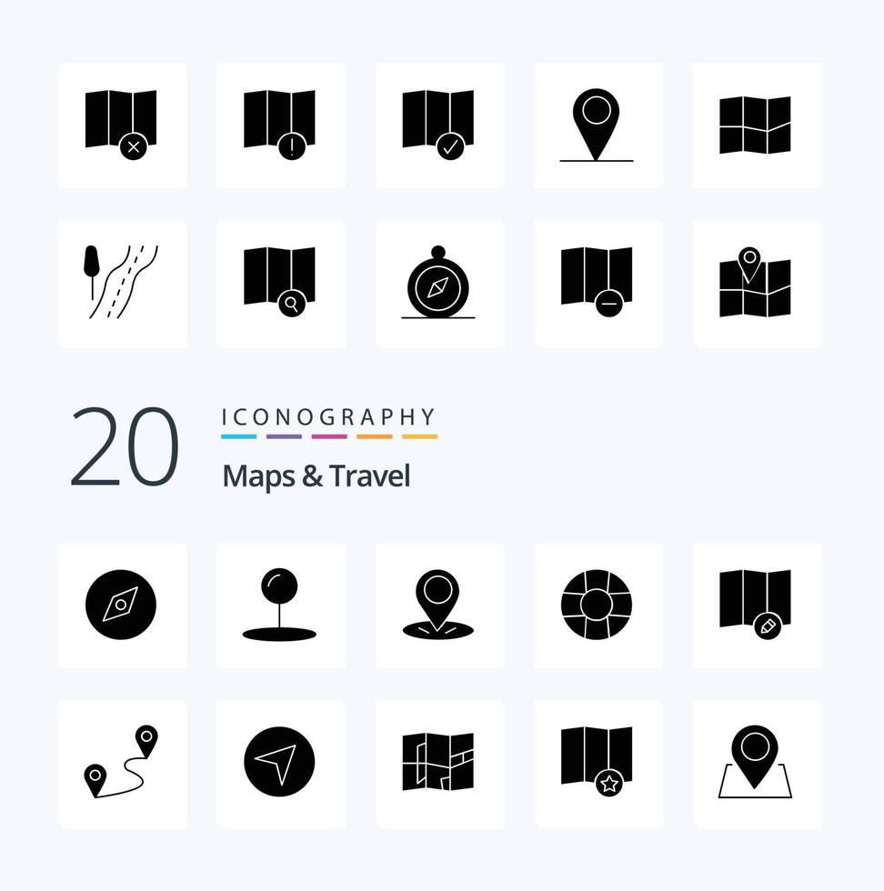 20 Maps  Travel Solid Glyph icon Pack like pin gps map map check in vector