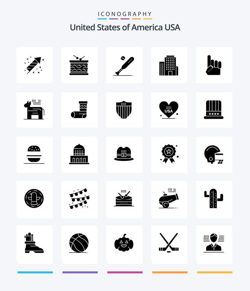 Creative Usa 25 Glyph Solid Black icon pack  Such As foam hand. office. st. building. sports vector