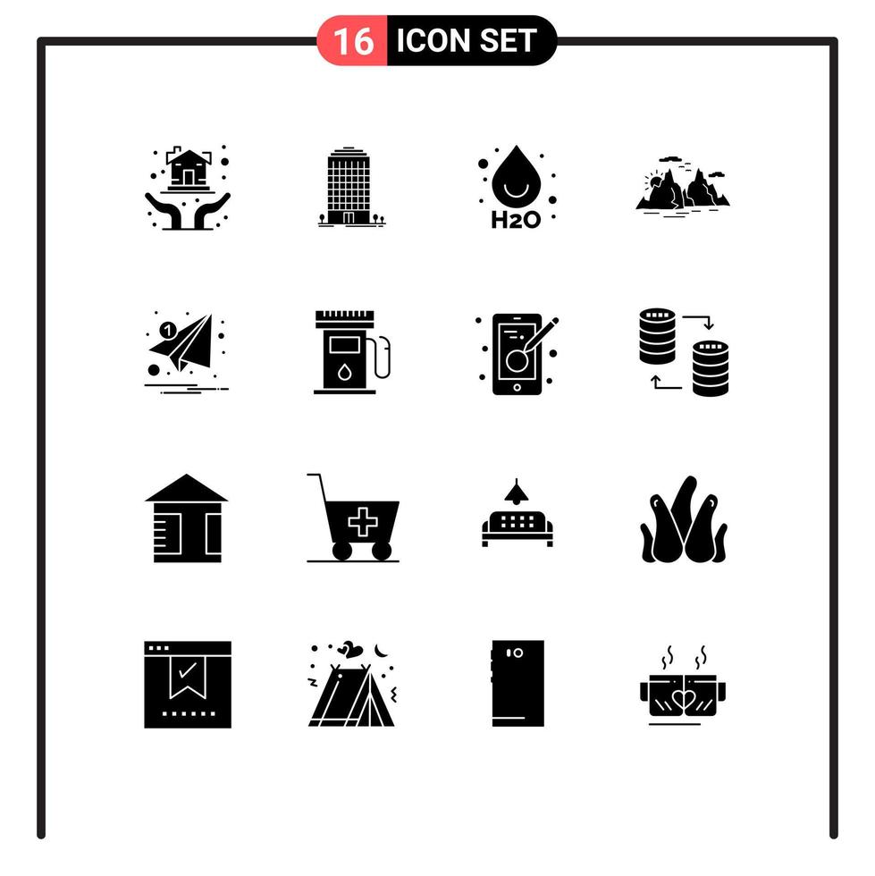 Set of 16 Commercial Solid Glyphs pack for letter sun drop nature hill Editable Vector Design Elements