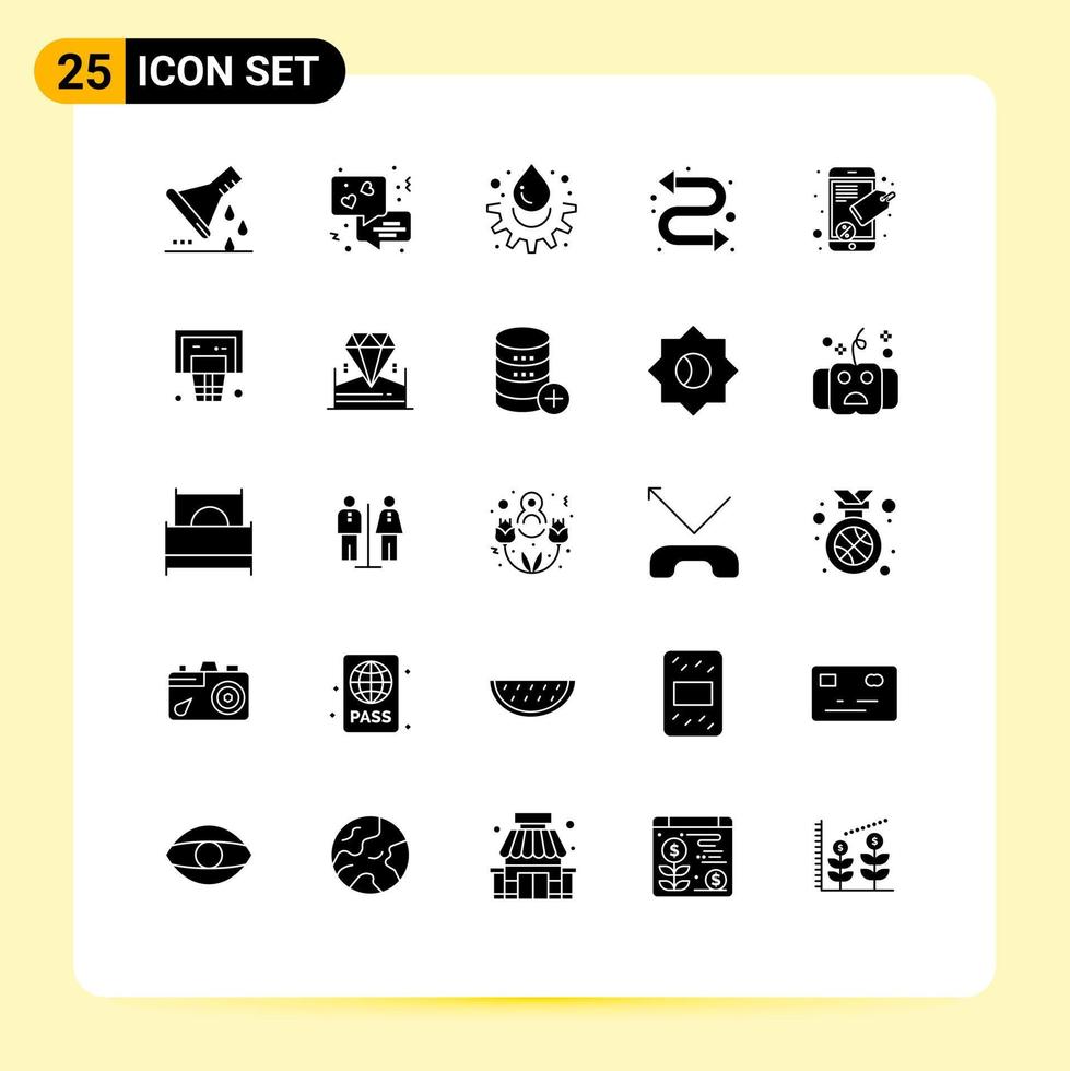 Set of 25 Commercial Solid Glyphs pack for seo tag connect energy watch kit arrows Editable Vector Design Elements