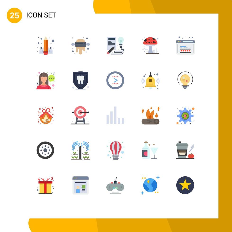 25 User Interface Flat Color Pack of modern Signs and Symbols of development poison book mushroom amanita Editable Vector Design Elements