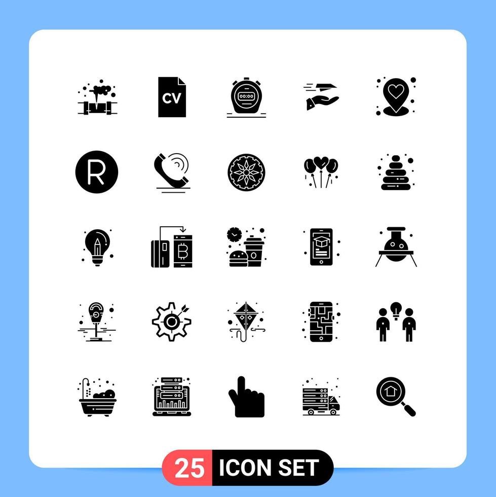 Group of 25 Solid Glyphs Signs and Symbols for location receive timer plane mail Editable Vector Design Elements