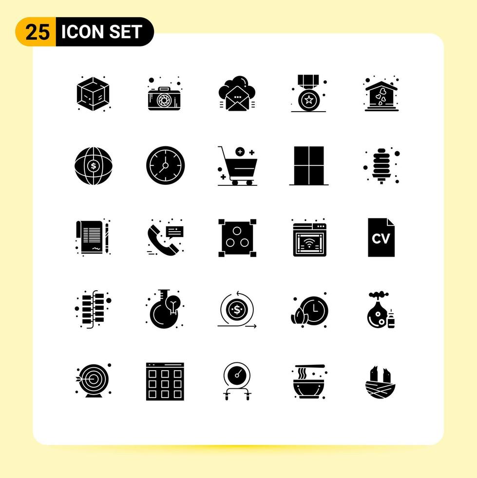 25 Thematic Vector Solid Glyphs and Editable Symbols of love medal email win star Editable Vector Design Elements