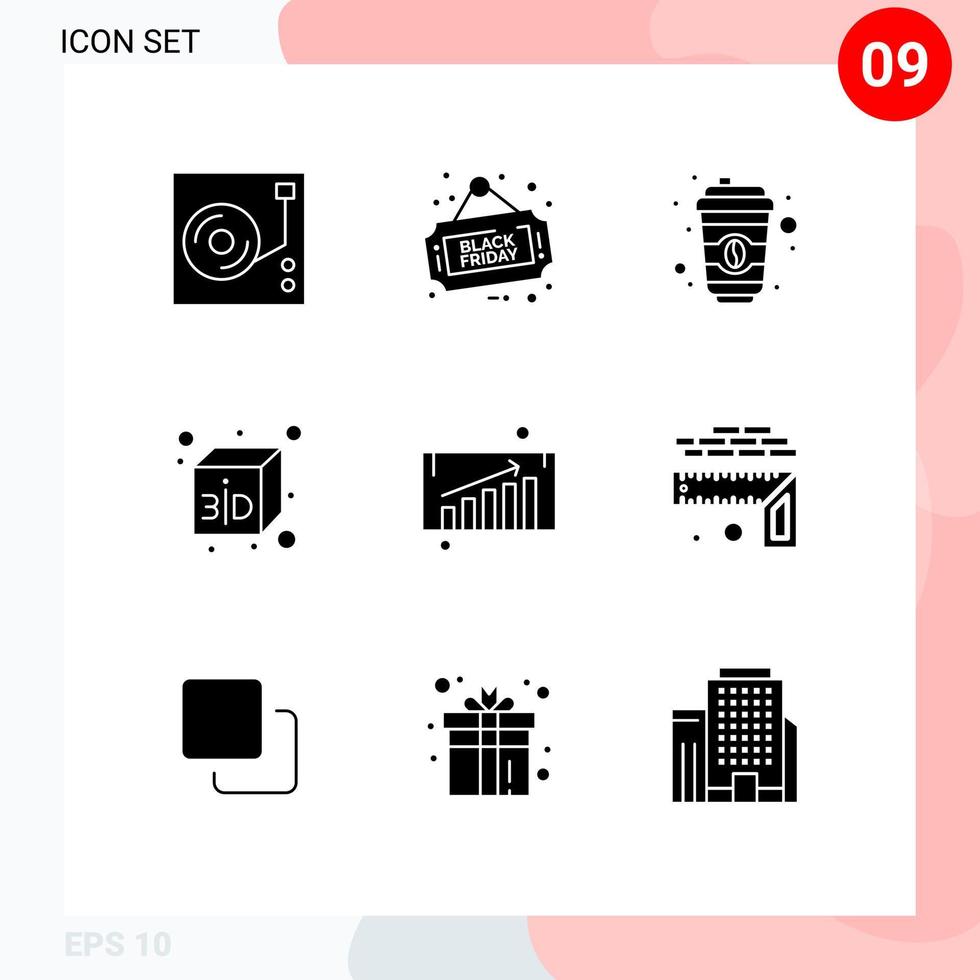 9 Universal Solid Glyph Signs Symbols of height sales coffee chart cube Editable Vector Design Elements