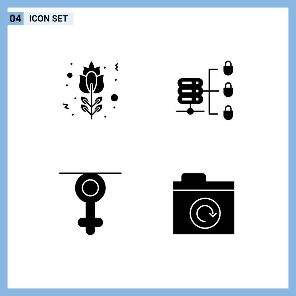 Mobile Interface Solid Glyph Set of 4 Pictograms of blossom queen rose security folder Editable Vector Design Elements