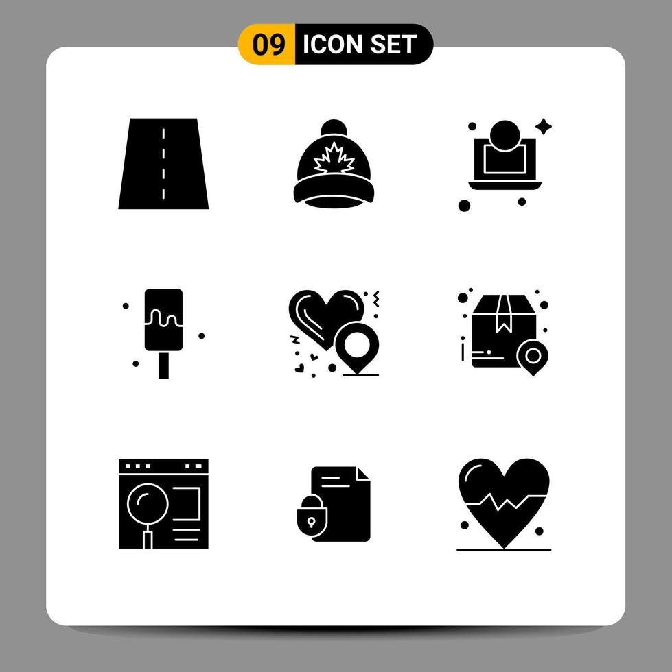 paquete de 9 signos y símbolos de glifos sólidos modernos para medios de impresión web, como la ubicación del amor, la ubicación del corazón, los elementos de diseño de vectores editables de helados de Canadá