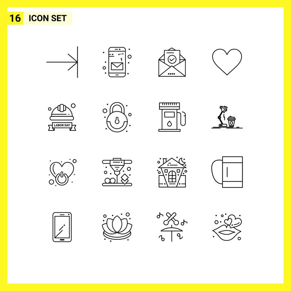 Mobile Interface Outline Set of 16 Pictograms of hard hat cap envelope report like Editable Vector Design Elements