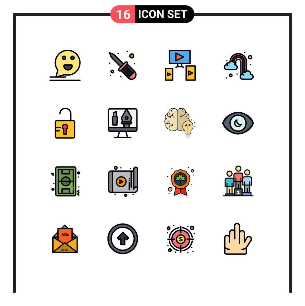Mobile Interface Flat Color Filled Line Set of 16 Pictograms of school unlock computer cloud rainbow Editable Creative Vector Design Elements