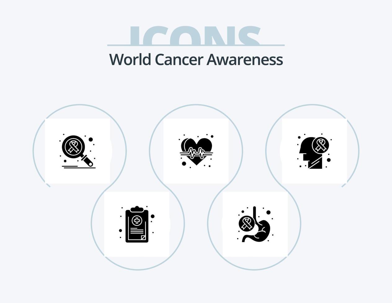 World Cancer Awareness Glyph Icon Pack 5 Icon Design. health care. heart. stomach. beat. search vector