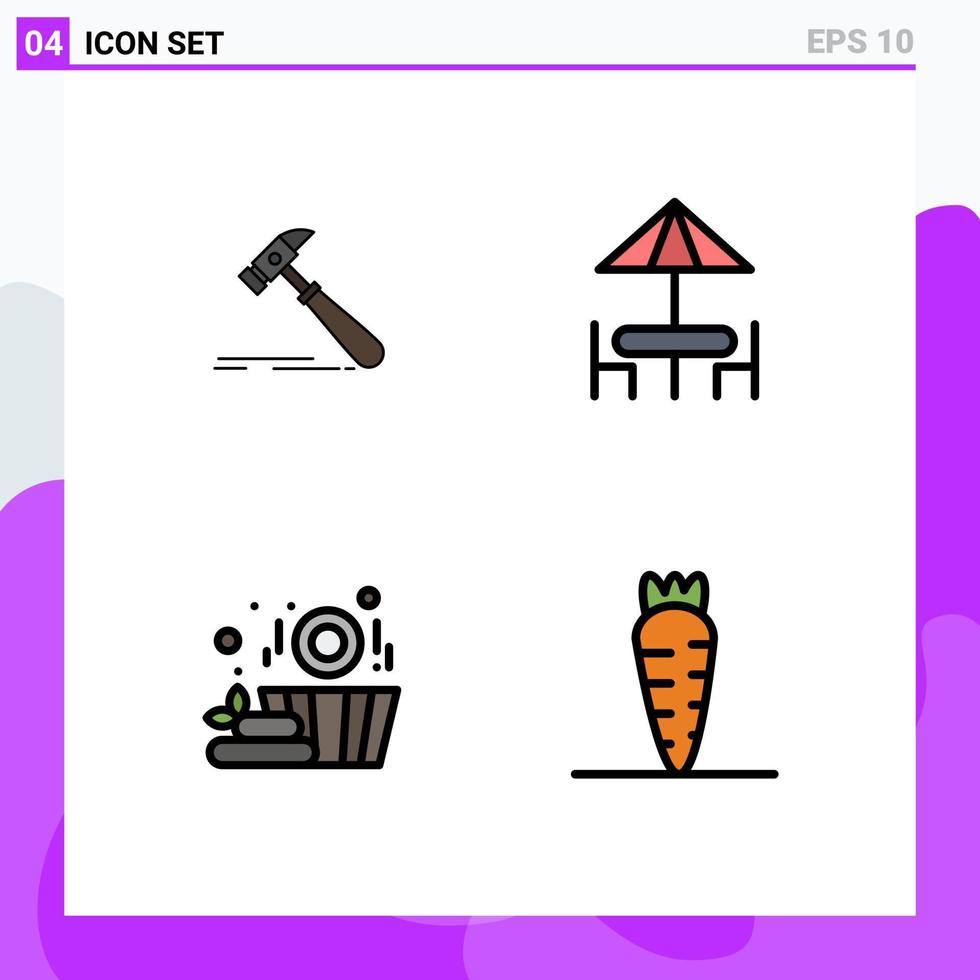 Universal Icon Symbols Group of 4 Modern Filledline Flat Colors of hammer sauna strong dinner basket Editable Vector Design Elements