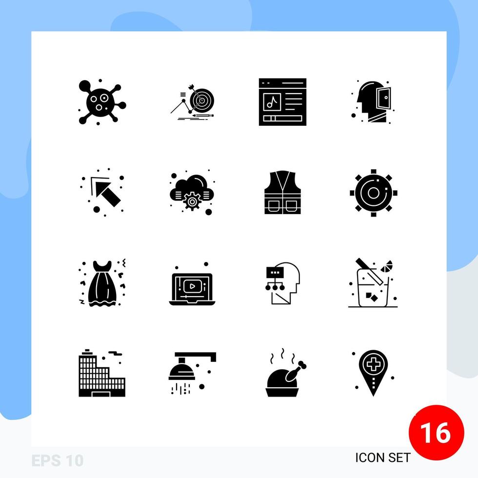 Set of 16 Commercial Solid Glyphs pack for up thinking content open mind head Editable Vector Design Elements