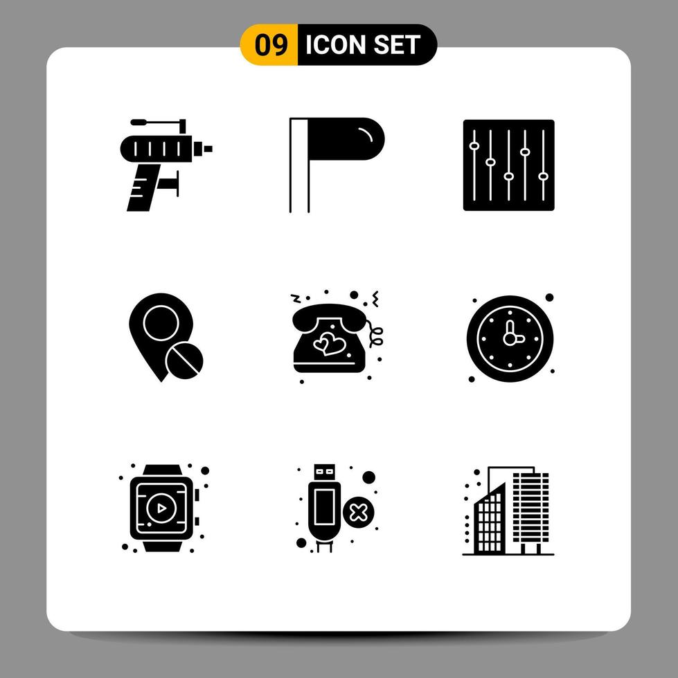 Pictogram Set of 9 Simple Solid Glyphs of telephone heart dj medical marker Editable Vector Design Elements