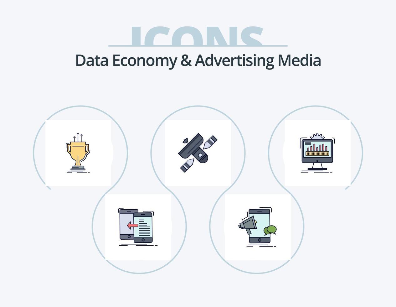 economía de datos y línea de medios publicitarios paquete de iconos llenos 5 diseño de iconos. móvil. megáfono. información. transmisor. radio vector