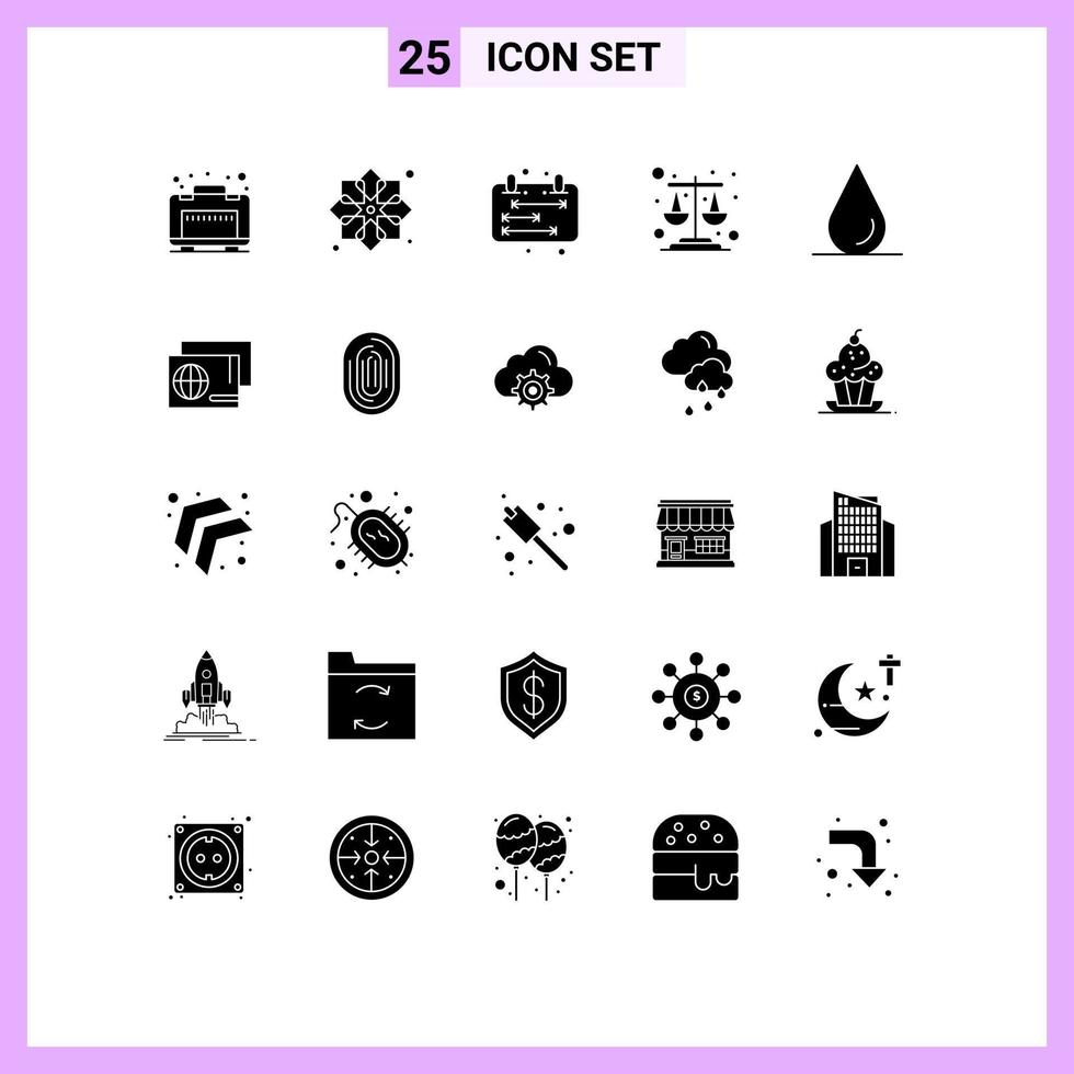 Pack of 25 Modern Solid Glyphs Signs and Symbols for Web Print Media such as identity drop business scales balance Editable Vector Design Elements