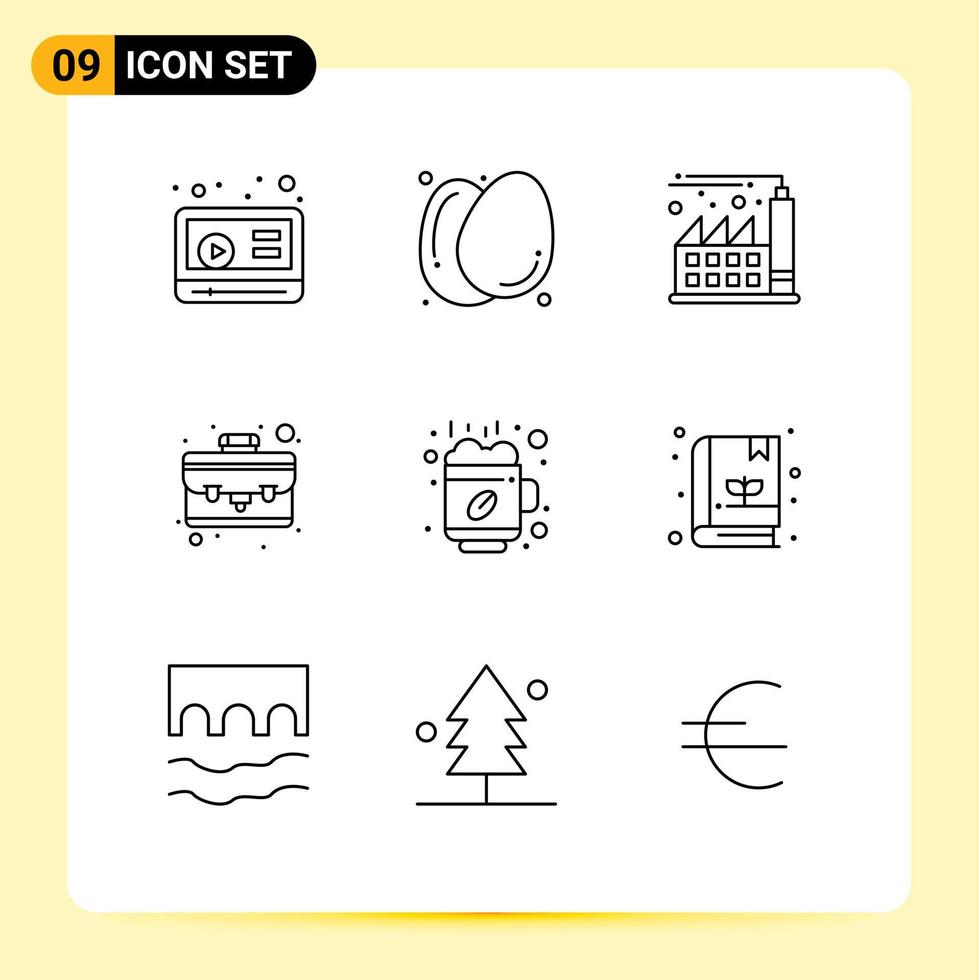 Modern Set of 9 Outlines Pictograph of book coffee factory break thing Editable Vector Design Elements