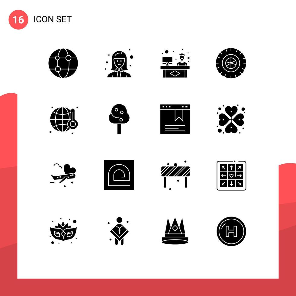 16 User Interface Solid Glyph Pack of modern Signs and Symbols of pollution wheel manager tire working Editable Vector Design Elements