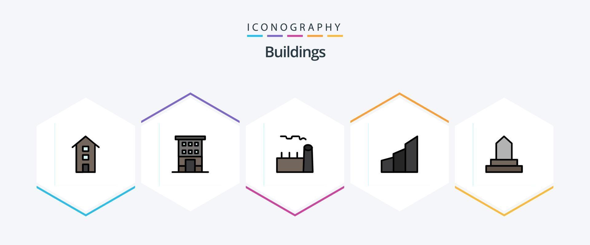 paquete de iconos de 25 líneas completas de edificios que incluye edificios. apartamentos frente de la tienda. planta de vapor Torre de enfriamiento vector