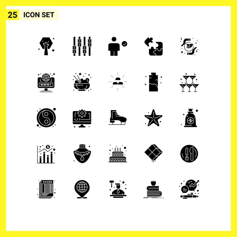 Group of 25 Modern Solid Glyphs Set for equality puzzle body logic business Editable Vector Design Elements