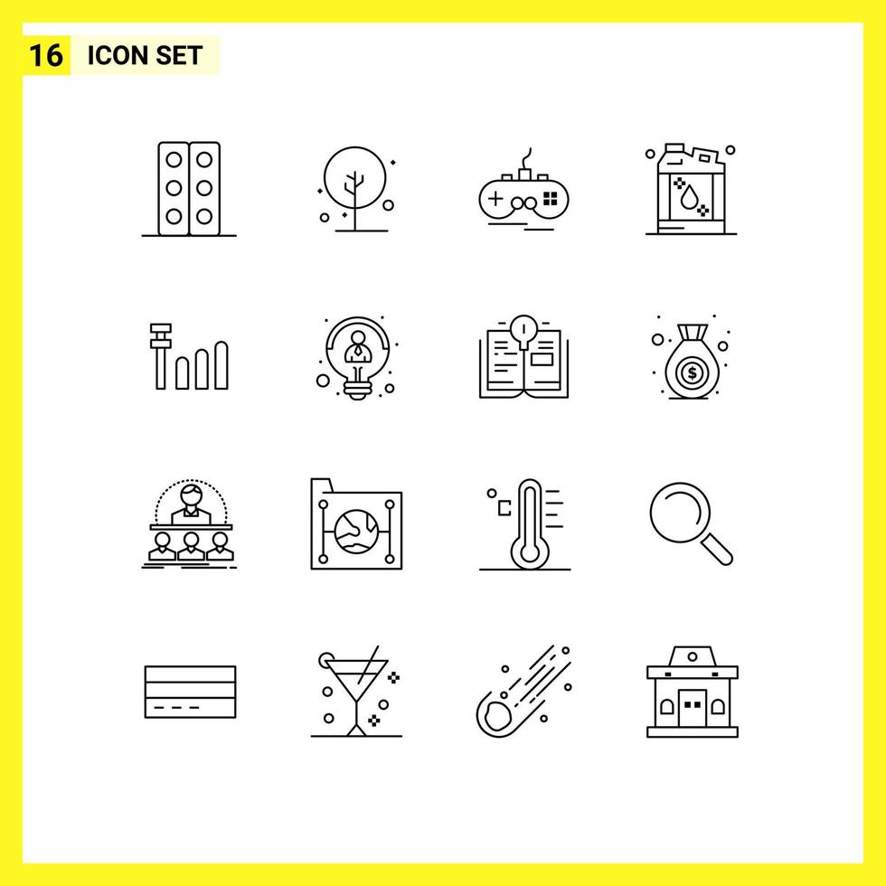 16 Universal Outlines Set for Web and Mobile Applications signal liquid joystick kerosene bottle Editable Vector Design Elements