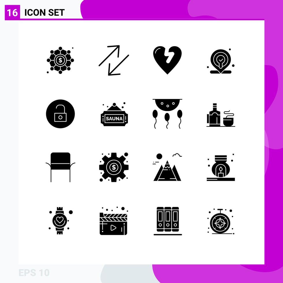 Set of 16 Commercial Solid Glyphs pack for fitness media player infarct media map Editable Vector Design Elements