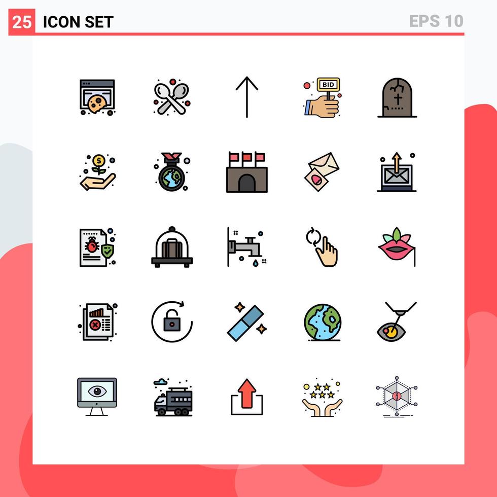 Universal Icon Symbols Group of 25 Modern Filled line Flat Colors of grave hand spoon label bid Editable Vector Design Elements