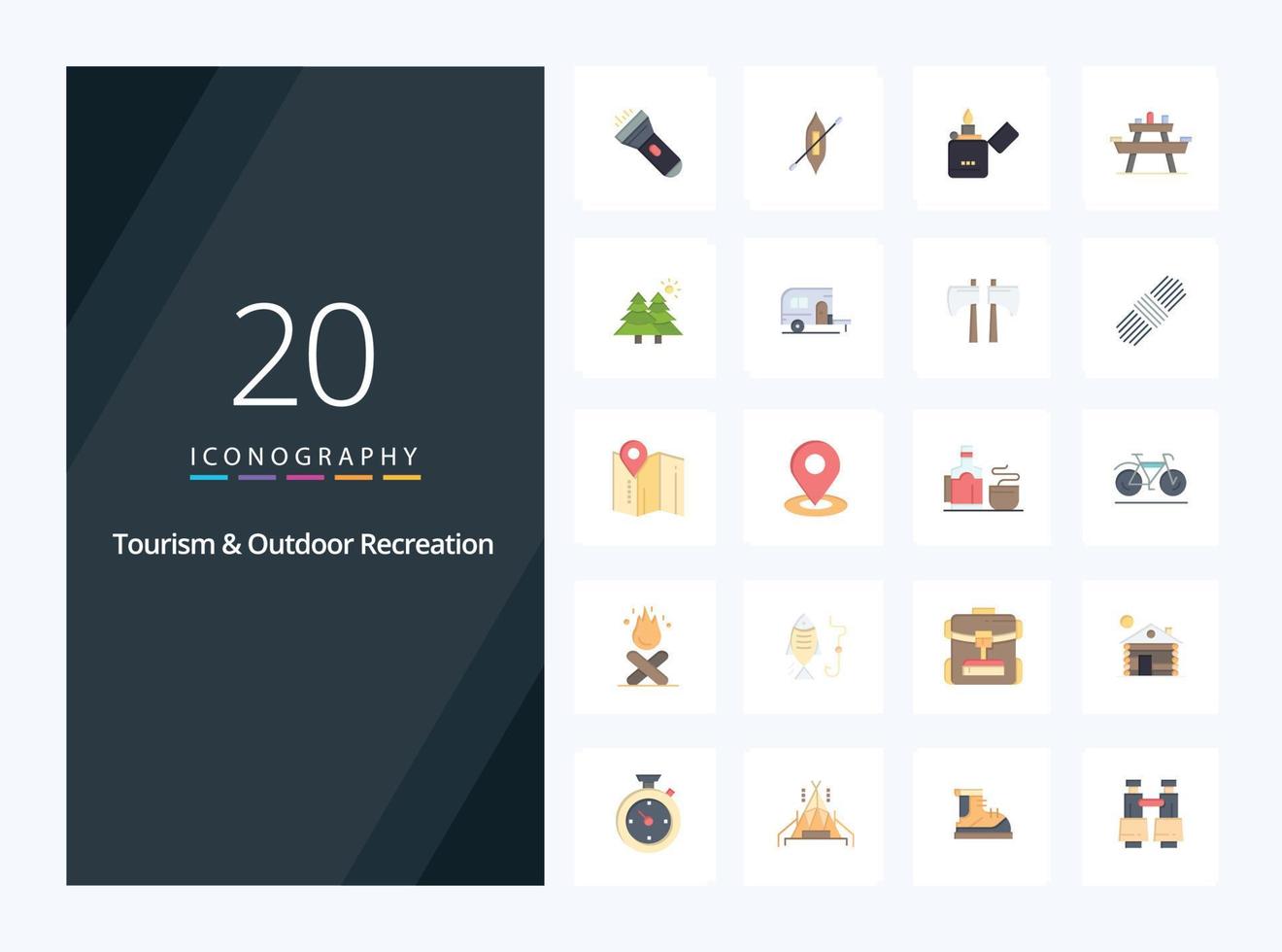 20 Tourism And Outdoor Recreation Flat Color icon for presentation vector