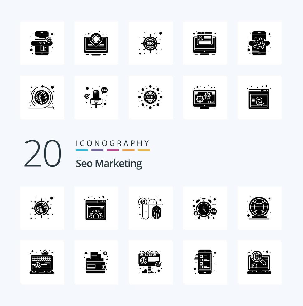 20 Seo Marketing Solid Glyph icon Pack like earth time click stop management vector