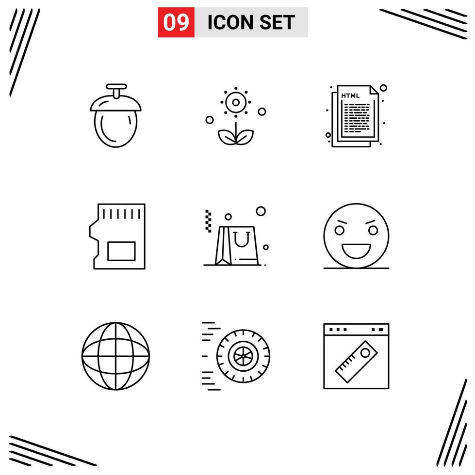 User Interface Pack of 9 Basic Outlines of bag storage coding sd web Editable Vector Design Elements