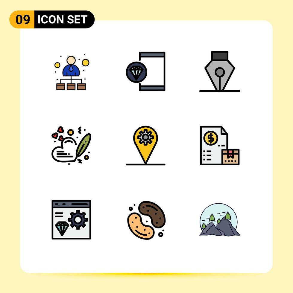 9 Universal Filledline Flat Color Signs Symbols of location wedding programming pen heart Editable Vector Design Elements