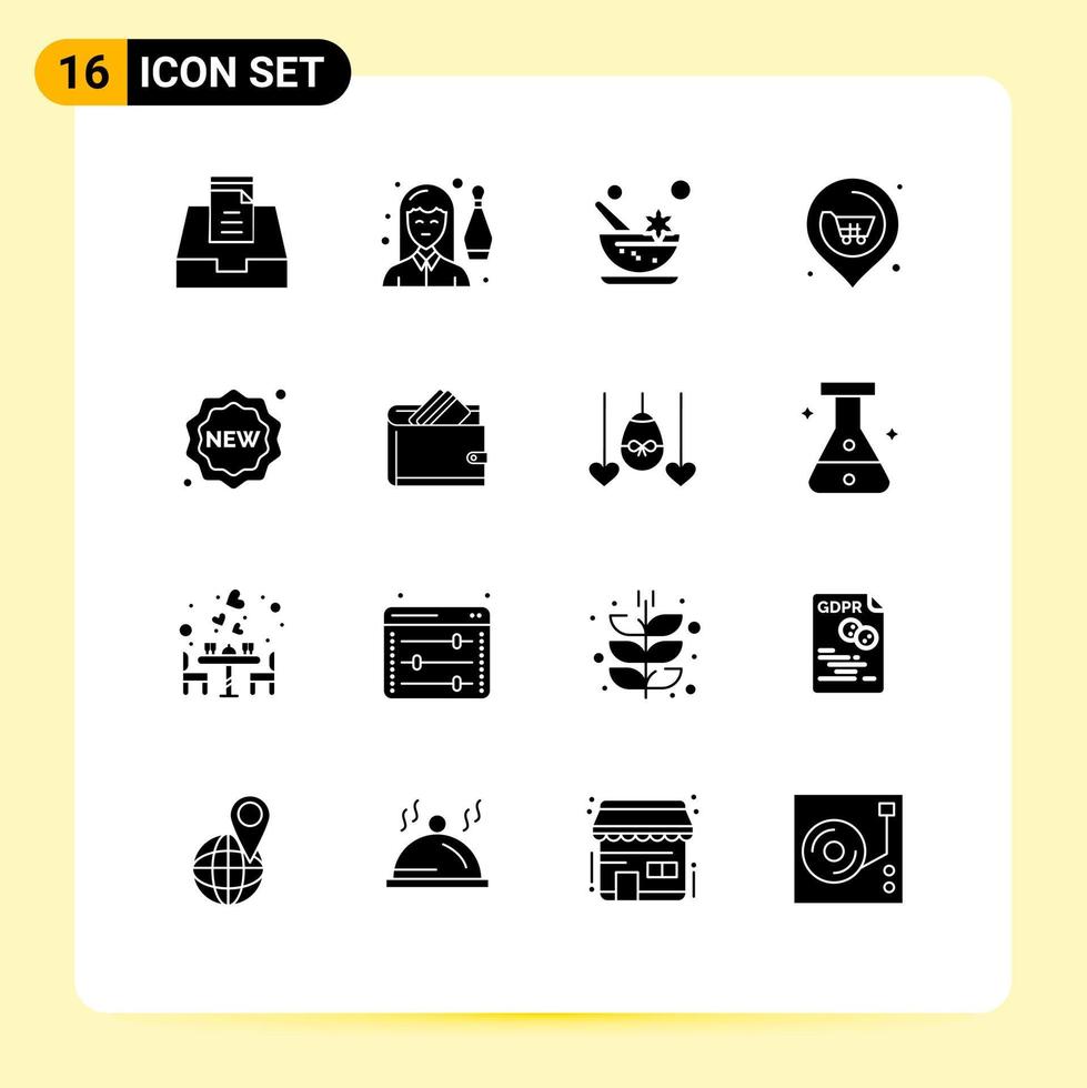 Universal Icon Symbols Group of 16 Modern Solid Glyphs of label supermarket aromatic real location Editable Vector Design Elements