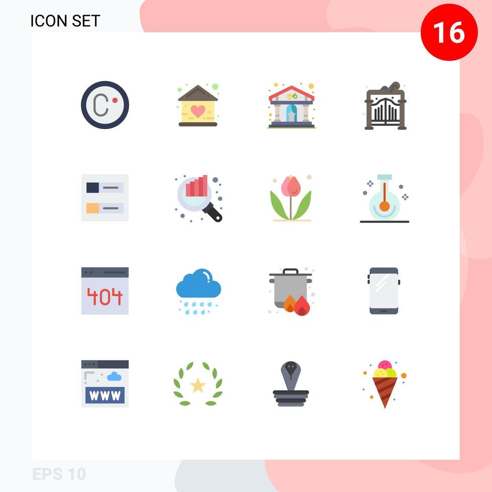 grupo de símbolos de iconos universales de 16 colores planos modernos de perfiles cuentas jugar puerta de jardín paquete editable de elementos de diseño de vectores creativos