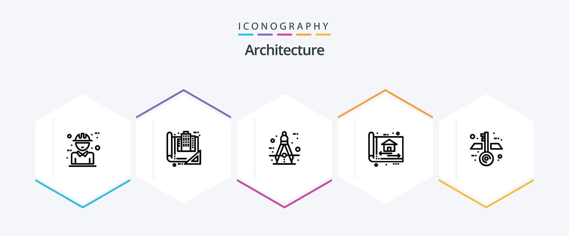 paquete de iconos de arquitectura de 25 líneas que incluye compilación. Plano. construcción. herramienta. Brújula vector