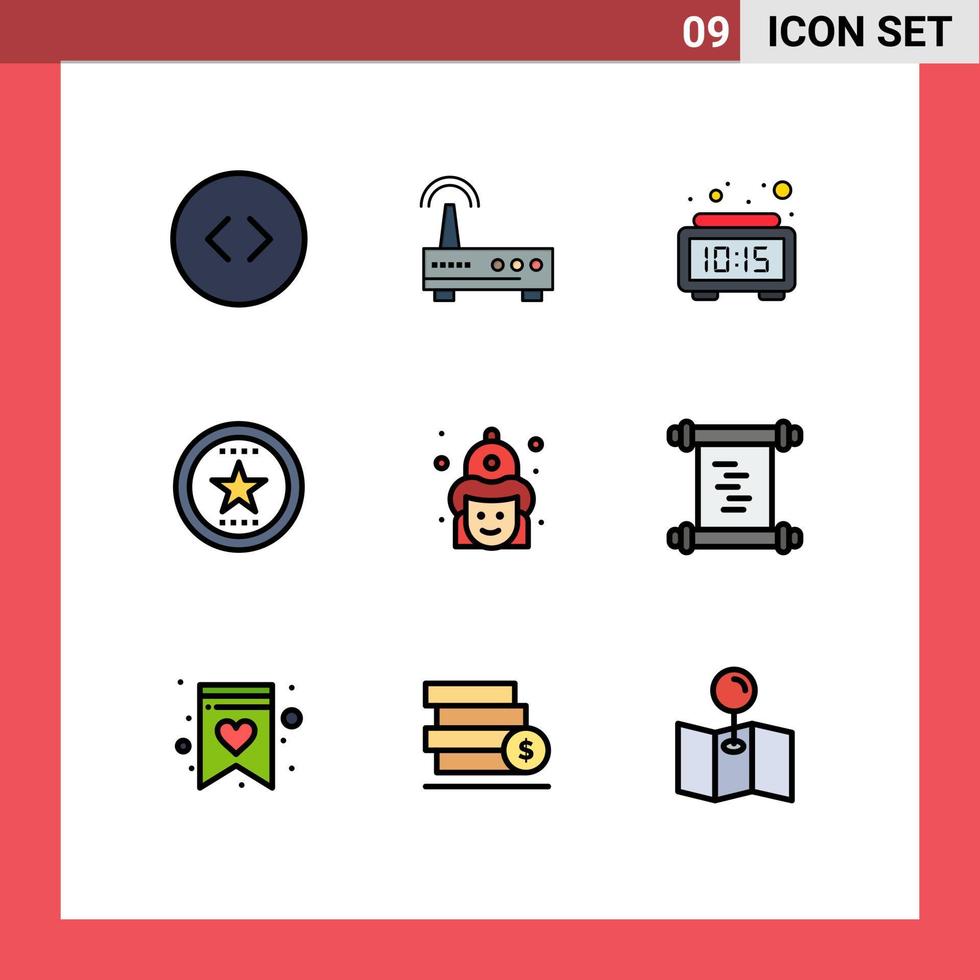 Mobile Interface Filledline Flat Color Set of 9 Pictograms of fire star clock medal bookmark Editable Vector Design Elements