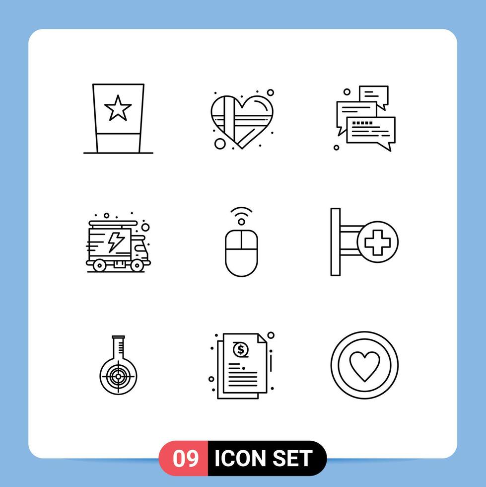 Group of 9 Modern Outlines Set for apple packet love energy support Editable Vector Design Elements