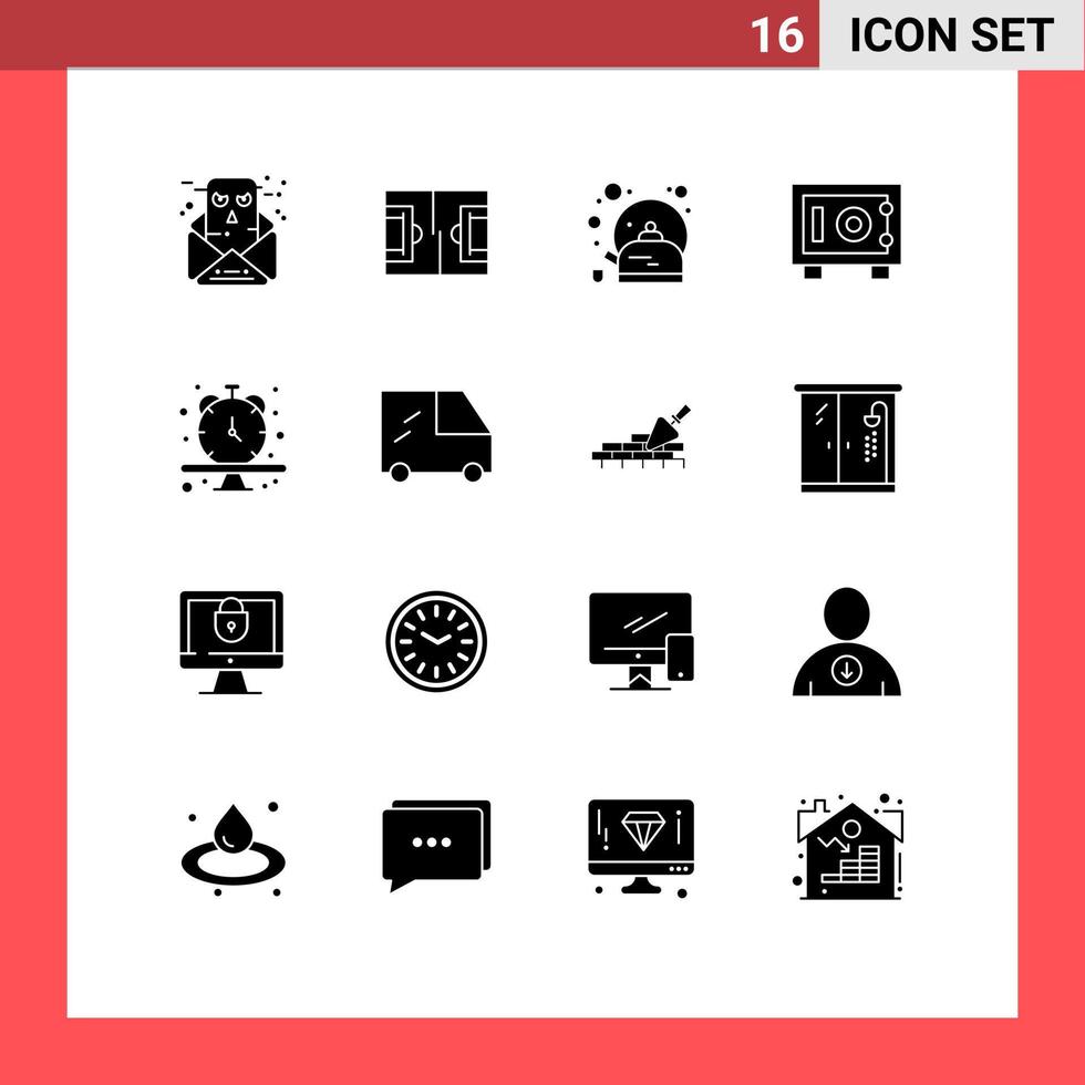 16 Thematic Vector Solid Glyphs and Editable Symbols of wristwatch clock breakfast safe deposit Editable Vector Design Elements